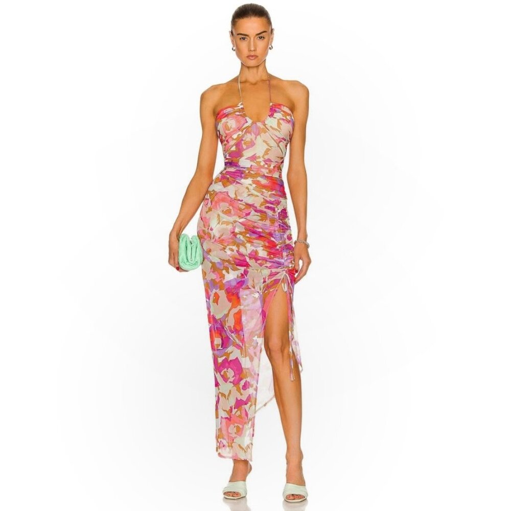 NWT Nicholas Maeve Halter Midi Dress Layered Ruching Abstract Floral 4